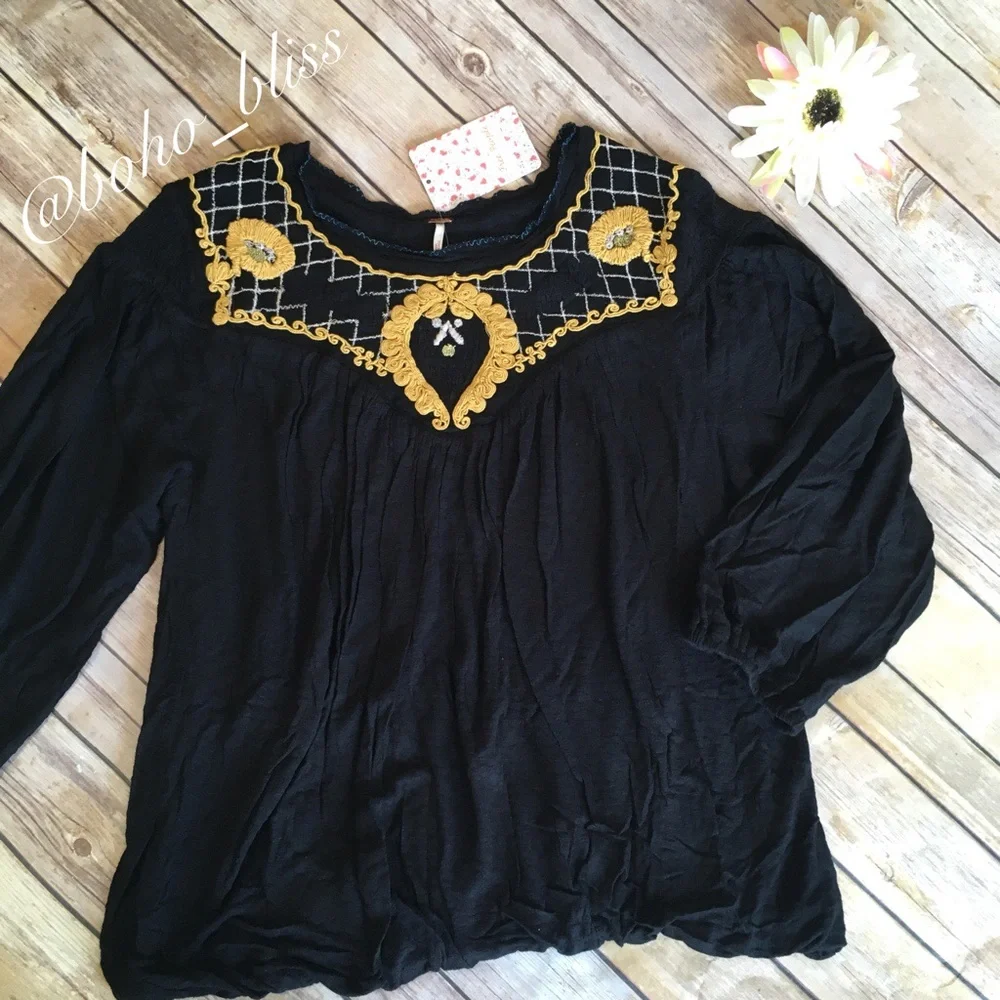 FREE PEOPLE | Embroidered Black Yoke Top NEW